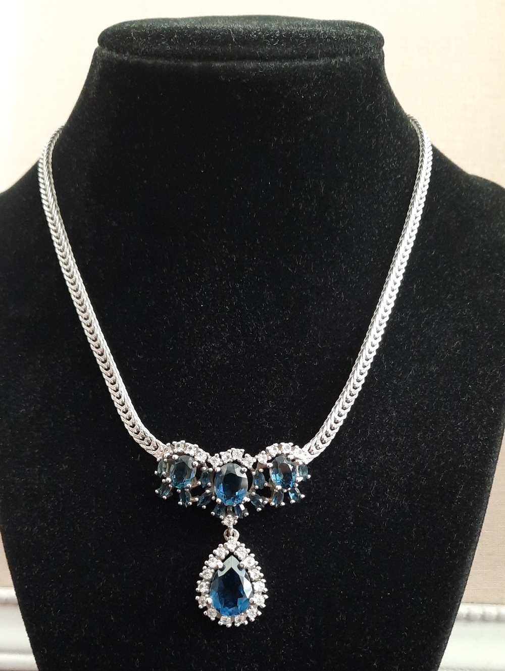 Silver-Tone Blue Crystal Teardrop Pendant Necklace